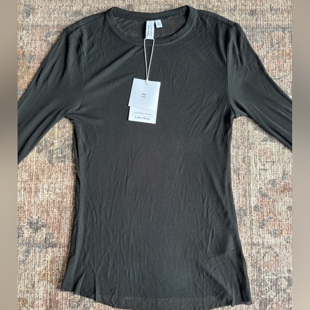 & Other Stories Silk Sheer Ribbed Long Sleeve Top Black XS NWT